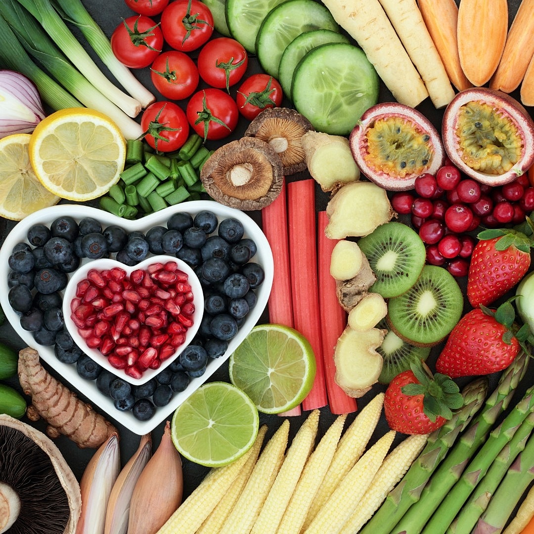 Colorful arrangement of fresh fruits and vegetables.