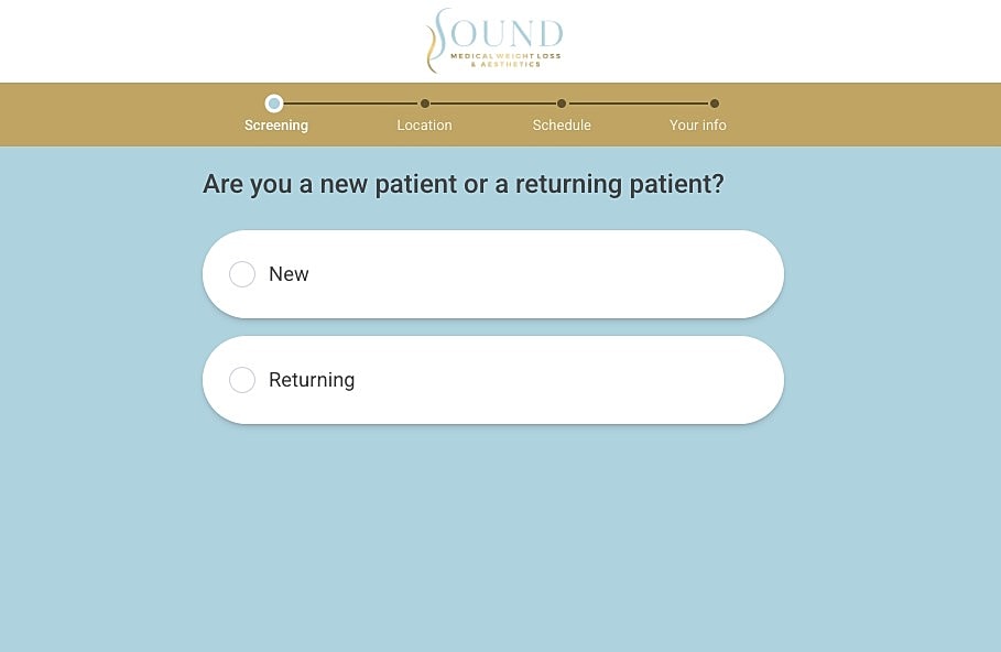 Patient onboarding screen for new or returning patients.