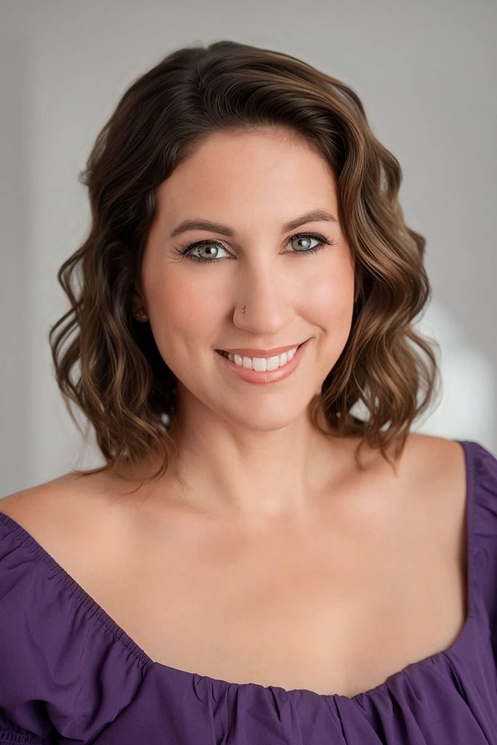 Smiling woman with wavy hair in purple top.