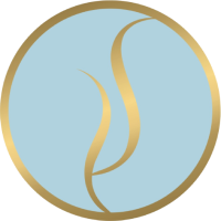 Stylized logo with blue and gold design.