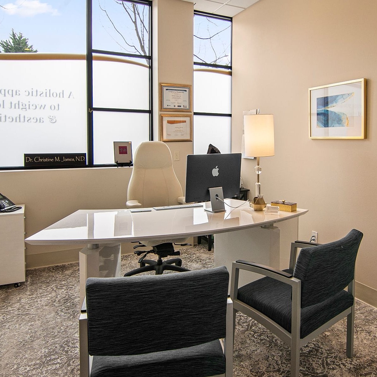 Modern office interior with desktop and chairs.