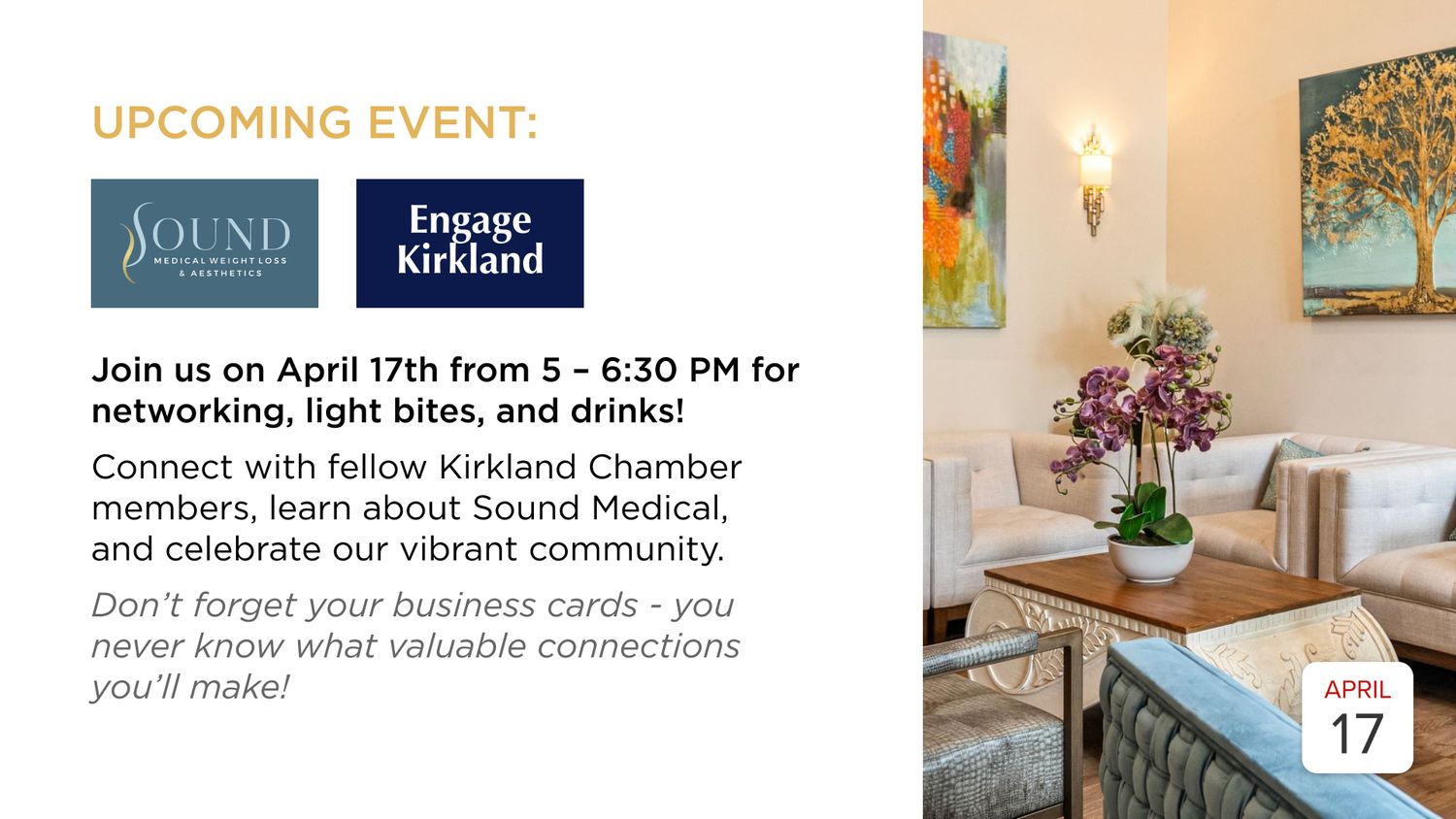 Event announcement for networking in Kirkland.